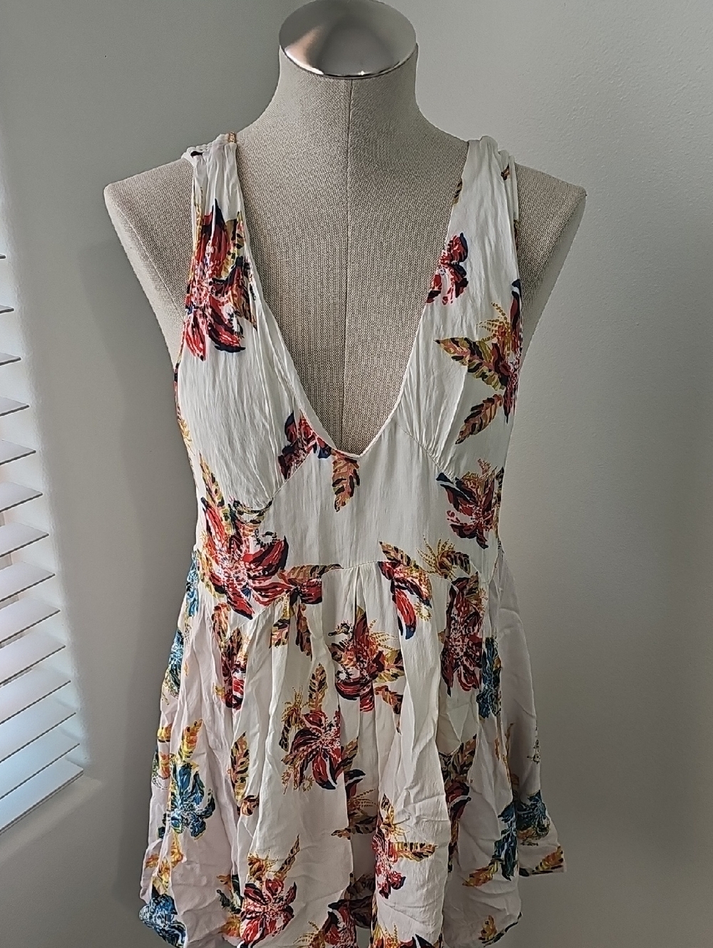 Free People White Tunic Tank with Red, Yellow & Blue Floral Print